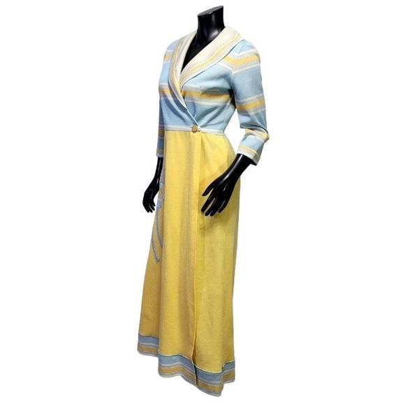 Vintage 60s 70s Womens M Knit Polyester Wrap Maxi Dress Hippie Flower Applique - Picture 8 of 14